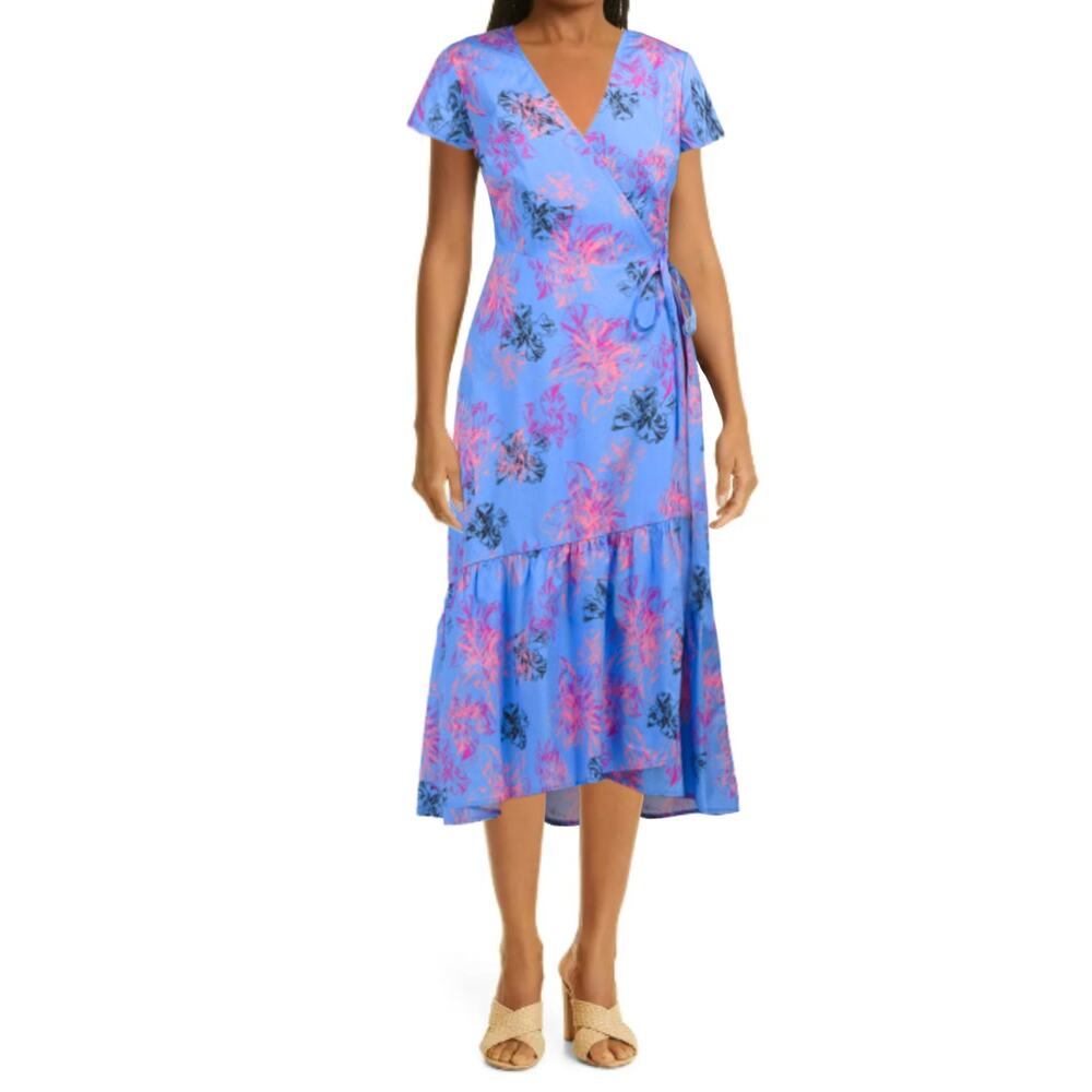 New! NEIMAN MARCUS Women's Floral Print Ruffle Hi-Low Hem Cotton Wrap Midi Dress